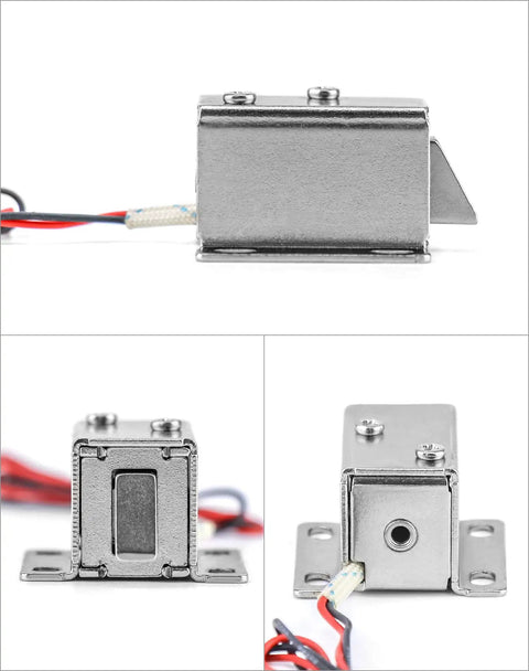 Compact 12V Direct Current Electromagnetic Solenoid Lock 4 Pack Slide Bolt with wires and metal casing for cabinet use.