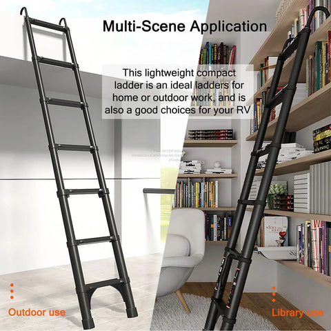 20 Ft Telescoping Ladder Made Of Heavy Duty Aluminum With Detachable Hooks For Safe Indoor And Outdoor Use Space Saving Extension Ladder In Sleek Black Finish Built Like A Boss, shown indoors and in a library