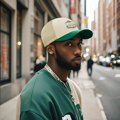 Man wearing RV Pilot Hat For Road Trips And Camper Vacations Dope Outdoors Cap with green eaves, urban street background