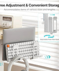 Slick Under Desk Laptop Stand Vertical Dual Slot Holder with adjustable clamp and keyboard storage mounted on desk.