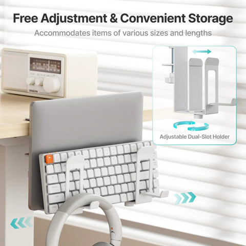 Slick Under Desk Laptop Stand Vertical Dual Slot Holder with adjustable clamp and keyboard storage mounted on desk.