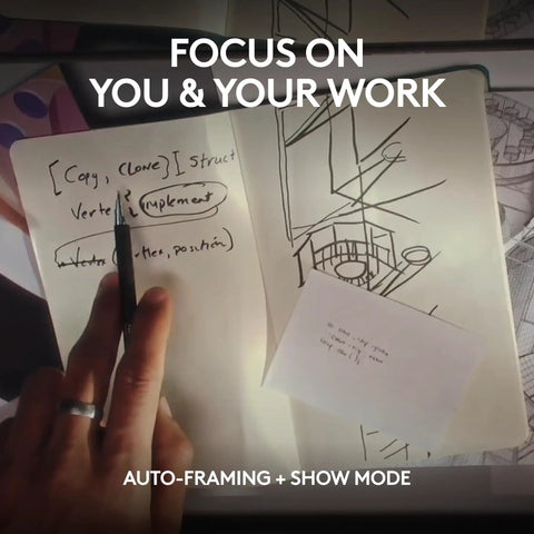 Game Changing 4K Webcam Built For Seamless Hustle Ready Video Calls Optimized For Teams Zoom Google Meet With Zero Friction Remote Setup And Hassle Free Usb Plug In Graphite showing notes with sketches and a pen.