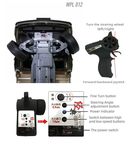 WPL D12 RC Car One To Ten Scale Drift Ready To Run Off Road Crawler with controller and wheel adjustments