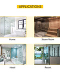 Applications of adjustable glass to curb mount shower door pivot hinge in home, steam room, hotel, and resort shower settings.