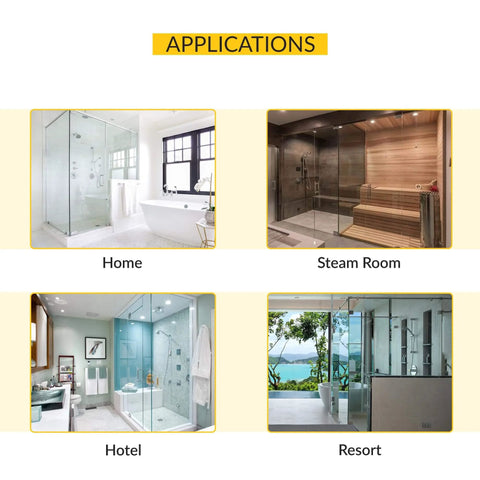 Applications of adjustable glass to curb mount shower door pivot hinge in home, steam room, hotel, and resort shower settings.