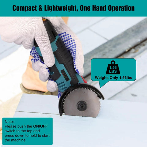 Cordless 3 Inch Mini Angle Grinder Kit With 2 Batteries And 7 Cutting Discs being used for cutting wood, showing compact design