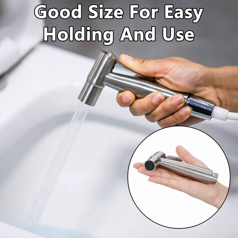 Person holding Two Pack Stainless Steel Handheld Bidet Spray Heads For Bathroom And Toilet Cleaning 8 Lpm Water Flow Durable 304