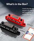 Heavy Duty 275A Power Distribution Bus Bar Featuring Four M8 And Six M4 Terminals For Battery Banks Solar Inverters MPPT Gear And Audio Rigs In Red And Black For No Mess Wiring Setups with product manual and screws.