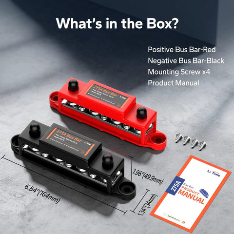 Heavy Duty 275A Power Distribution Bus Bar Featuring Four M8 And Six M4 Terminals For Battery Banks Solar Inverters MPPT Gear And Audio Rigs In Red And Black For No Mess Wiring Setups with product manual and screws.