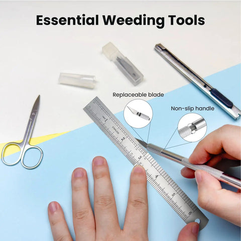 35-Piece All-In-One Weeding Tools Kit For Vinyl And Scrapbooking, Precision Craft Set with ruler, utility knife, and scissors in use
