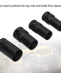 Get This Bad Ass 4 Piece Locking Wheel Nut Removal Socket Set Made From Tough Aluminum Alloy To Crush Stuck Lug Nuts Fast With Thin Walled Impact Sockets And Protective Sheath For Any Car Tire Change Or Emergency Roadside Mech Fix Today. 4-piece black alloy lug nut removal sockets, assorted sizes, threaded interior