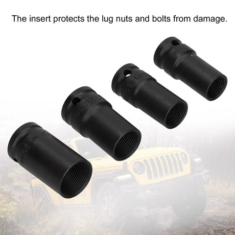 Get This Bad Ass 4 Piece Locking Wheel Nut Removal Socket Set Made From Tough Aluminum Alloy To Crush Stuck Lug Nuts Fast With Thin Walled Impact Sockets And Protective Sheath For Any Car Tire Change Or Emergency Roadside Mech Fix Today. 4-piece black alloy lug nut removal sockets, assorted sizes, threaded interior