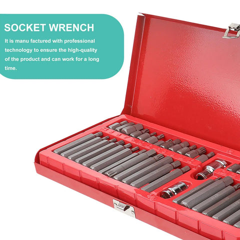 Heavy Duty Hexagon Wrench Set With Ratchet Socket Combo Featuring Spline And Star Bits Solid Metric Driver Kit in red case.