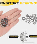 Hand holding various miniature bearings with a close-up of 4 Pack SMR126ZZ Deep Groove Ball Bearings 6x12x4mm 440C Stainless Steel Double Shielded