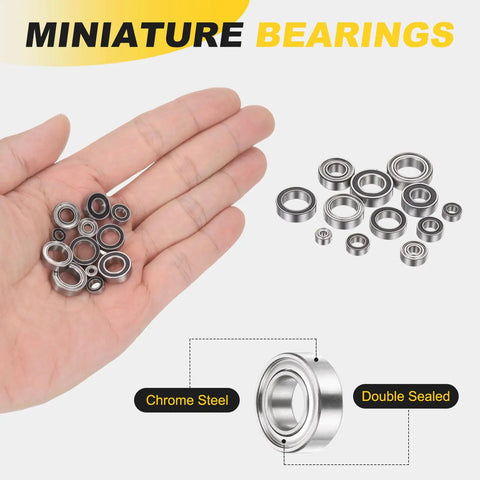 Hand holding various miniature bearings with a close-up of 4 Pack SMR126ZZ Deep Groove Ball Bearings 6x12x4mm 440C Stainless Steel Double Shielded