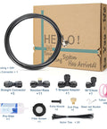 Outdoor Misting System For Patio And Yard With 59 Ft Line, Filter, 23 Brass Nozzles, Brass Adapter Three Quarter Inch, Leak Free Black PU Tubing, Rust Resistant components with tubing, connectors, and filter displayed with packaging.