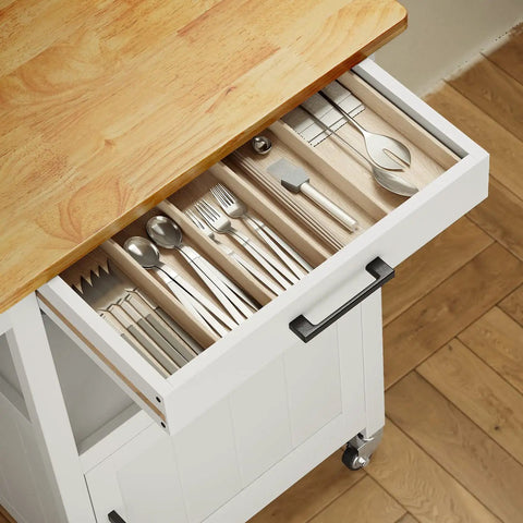 Slick Rolling Microwave Cart With Boss Level Storage Built Onto A Rock Solid Rubberwood Base, Crisp White kitchen cart drawer with silverware.