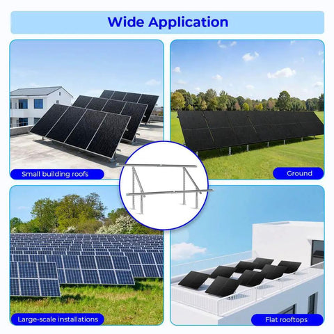 Expandable Solar Panel Ground Mount Bracket Kit With Adjustable Tilt For Two Large Panels Up To 590W in various installations