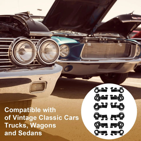 24 Piece Linkage Clip Set Universal Fit For Vintage Cars Trucks Wagons Sedans With Assorted Sizes And Styles To Cover A Wide Range of Linkage Systems And Make Restoration Projects Easier For DIY Hot Rods And Classic Cars. black iron linkage clips for vintage classic cars, trucks, wagons and sedans