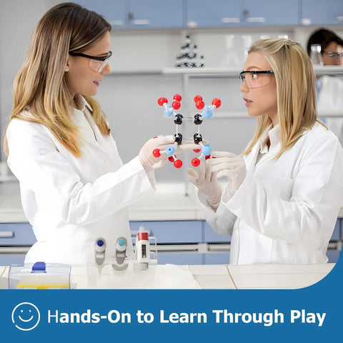 Two women using Organic Chemistry Molecular Model Kit 444 Pcs Complete Set for hands-on learning in a lab environment.