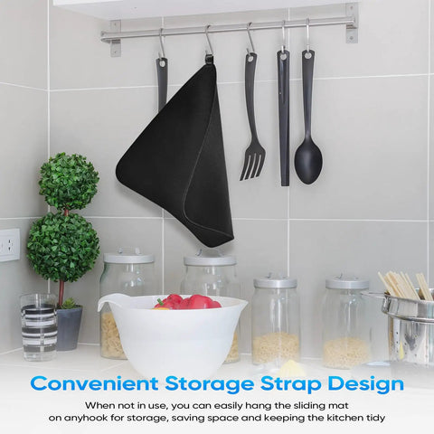 Sliding Mat For Espresso Machines With Hanging Strap, Anti Slip Base And Easy Clean Surface, hung on kitchen wall hook.