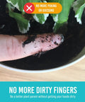 Finger covered in soil with text "No More Dirty Fingers," highlighting benefits of Plant Moisture Meter for Healthy Pots.