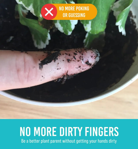 Finger covered in soil with text "No More Dirty Fingers," highlighting benefits of Plant Moisture Meter for Healthy Pots.