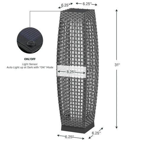 Dimensions and features of Outdoor Solar Powered Floor Lamp With Weatherproof Wicker Lantern For Garden Or Porch Large Patio Lamp With Auto On Off At Dawn 40 Lumen Backyard Light Water Resistant And Durable For Outdoor Use Silver Gray