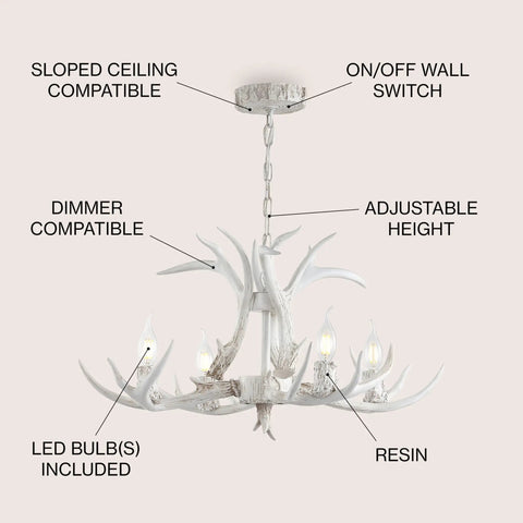 Dope 26 Inch White Resin Faux Horn Antler Chandelier Rustic Farmhouse Hanging Light, sloped ceiling compatible, LED bulbs included.