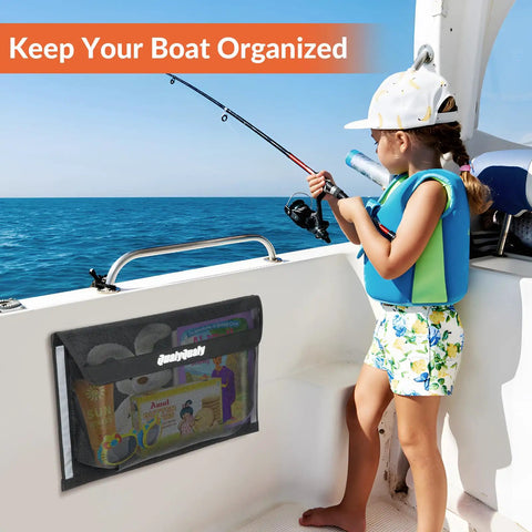 Heavy-Duty Boat Storage Bag With Full Enclosure Lid 18x12 Inches Self-Adhesive Organizer on boat with child fishing