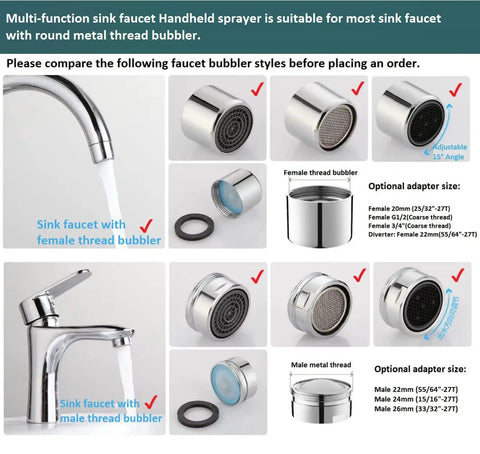 Comparison of faucet bubblers with labeled adjustable sprayers and adapters, suitable for Handheld Shower Sprayer For Sink With Shampoo Attachment.
