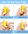 Instructions for setting a yellow lock from the Eight Pack 3 Digit Combination Wire Locks For Luggage, Gym Lockers, Backpacks And Suitcases Waterproof Resettable Padlocks In A Vibrant Multi Color Set For Travel, School, Office And Home Security