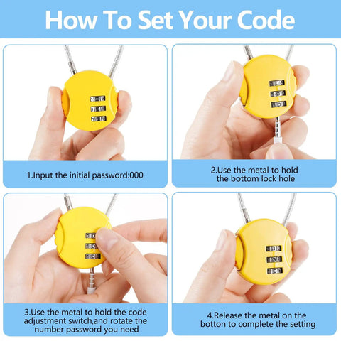 Instructions for setting a yellow lock from the Eight Pack 3 Digit Combination Wire Locks For Luggage, Gym Lockers, Backpacks And Suitcases Waterproof Resettable Padlocks In A Vibrant Multi Color Set For Travel, School, Office And Home Security