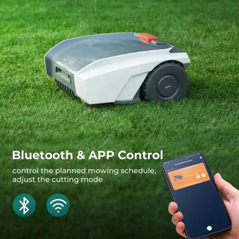 Smart Robotic Lawn Mower With Auto Charging Dock, 20V Max 2.0Ah Battery shown on grass with smartphone app control display