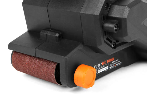 Close-up of cordless belt sander with variable speed, 3 by 18 inch belt, lock on trigger visible