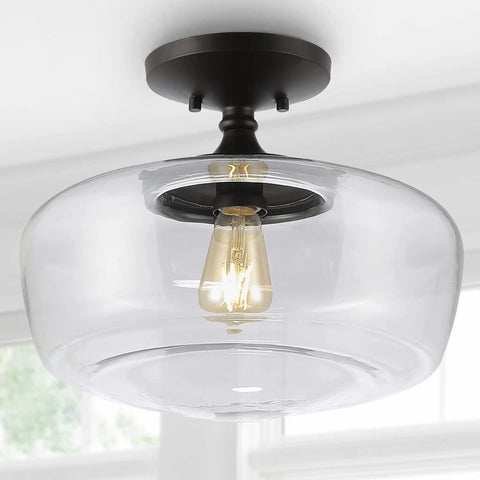 Dope Oil Rubbed Bronze Modern Farmhouse LED Flush Mount Light With Clear Glass Shade Rustic Industrial Schoolhouse Ceiling Fixture For Kitchen Hallways And Bedrooms Bulbs Included, single bulb view