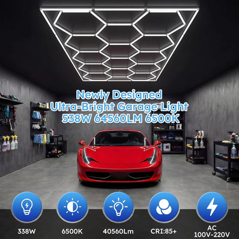 Hexagon LED Garage Lights With Honeycomb Design, 14 Grid Hex Light Set In Rectangle Frame, ultra bright 64560 lumens, 6500K cool white installed in a garage