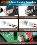 JST-XH 2.5mm crimping procedure with ratcheting crimp tool kit for AWG 28 to 16 connectors on a circuit board