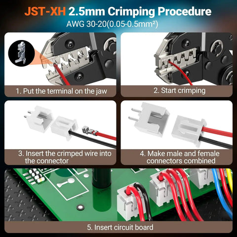 JST-XH 2.5mm crimping procedure with ratcheting crimp tool kit for AWG 28 to 16 connectors on a circuit board