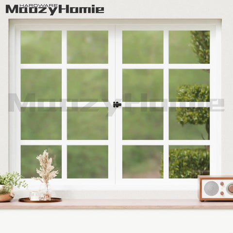 Heavy Duty Self Closing Gate Latches Matte Black Rust Proof Slide Bolt view from outside window with modern design and plants.