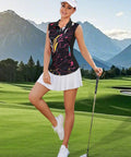 Plus Size Women Golf Shirt Sleeveless Tank Top With Quarter Zip Polo Collar Adjustable Dry Fast Athletic Tee for running tennis and workout in color block design on woman in golf setting XL