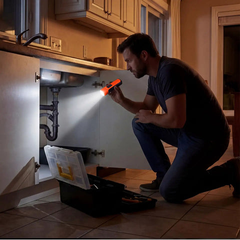 Person using Flat USB C Rechargeable LED Flashlight With 6 Modes Ultra Bright Handheld Light for home repair under sink.