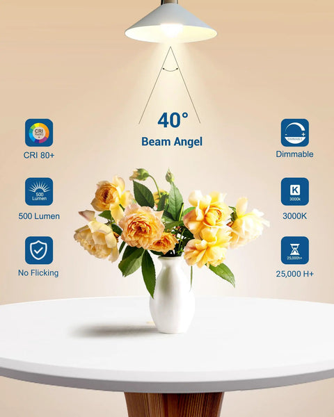 Gu10 Dimmable LED Bulbs 7W 500 Lumens 3000K Warm White Replacement displayed with vase of yellow flowers on table