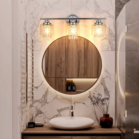 Lit Three Light Crystal Vanity Light Fixture For Bathroom Hallway And Bedroom With Clear Glass Shades, 3 Light Wall Sconces above mirror