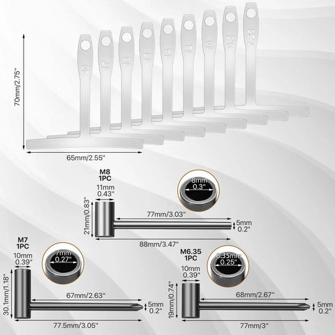 Guitar Truss Rod Wrench Set Of 23 Pieces For Gearheads With 4mm 5mm 1.2mm 1.5mm 2mm 2.5mm 3mm 3.2mm 4mm 4.7mm 5mm And 6.35mm 7mm 8mm Hex Box Wrenches Plus Fretboard Radius Gauge For Precise Neck Adjustments, with metric wrench sizes and hex sockets