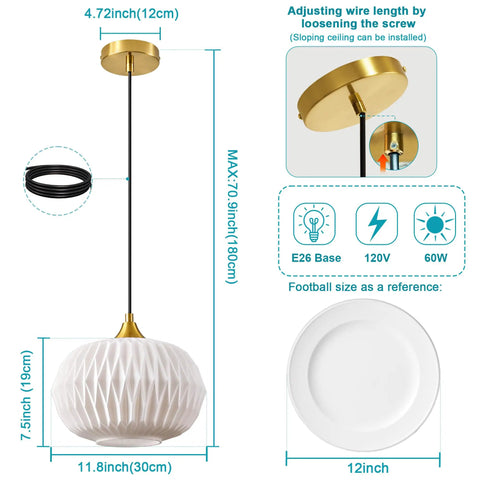 Vaziden Milk Glass Pendant Lights Kitchen Island Gold Chandelier 11.81", 11.8" round textured white shade with gold accents.