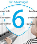 Graphic highlighting six advantages of 5 Piece Refrigerator Door Handle Covers Set: style, time-saving, dent protection, soft touch, easy cleaning, stain-free, with a child near kitchen handles in gray.