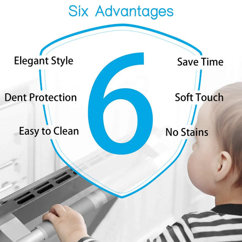 Graphic highlighting six advantages of 5 Piece Refrigerator Door Handle Covers Set: style, time-saving, dent protection, soft touch, easy cleaning, stain-free, with a child near kitchen handles in gray.