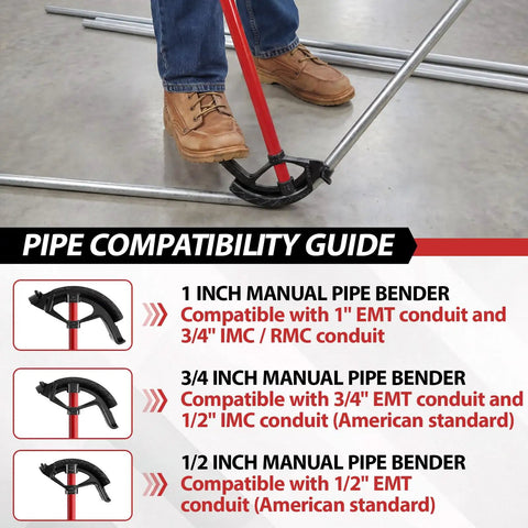 Heavy Duty 3/4 Inch Conduit Bender For Emt Imc And Rigid Pipe with foot pedal shown on conduit compatibility guide.