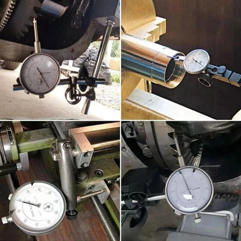 Front view of dial indicator with magnetic base and adjustable long arm; 0-1.0 inch range, 0.001 inch resolution.